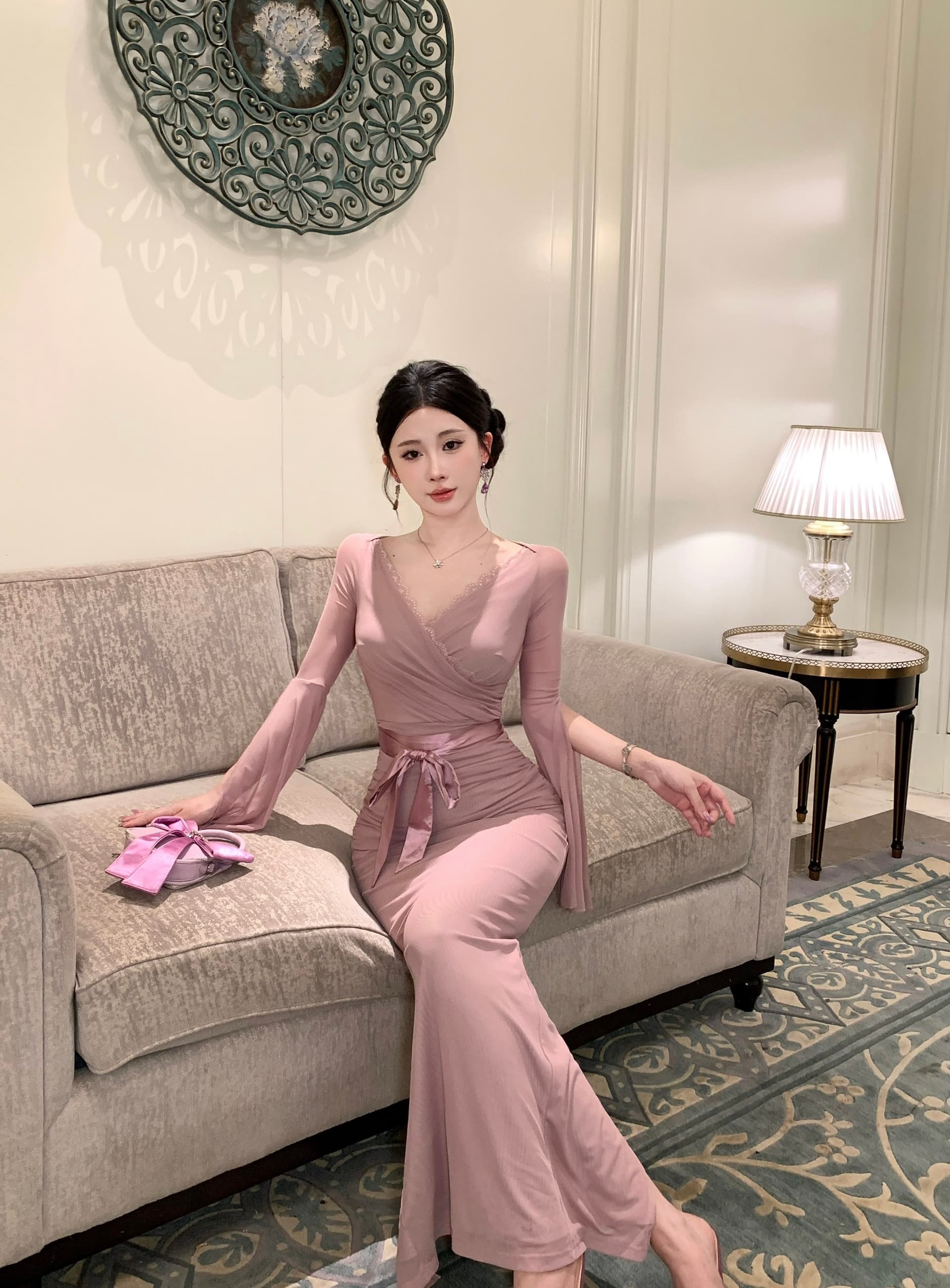 실사 정가 고급 센스 가을 브 룩 스  레이스업 슬림해 보이는 허리 수축 v 칼라 레이스업 슬림해 보이는 롱 스커트 상세 이미지 8