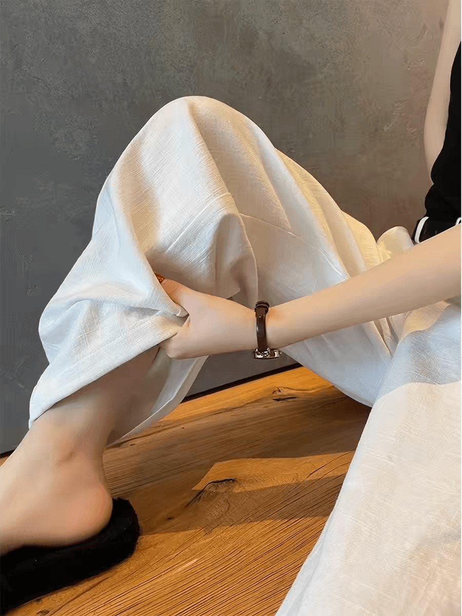 화이트 얼음 실크 넓은 다리 정장 바지 여성 여름 얇은 스타일 빅 사이즈 하이웨이스트 슬림해 보이는 도루 센스 캐주얼 모통이 칼 아마 바지 상세 이미지 2