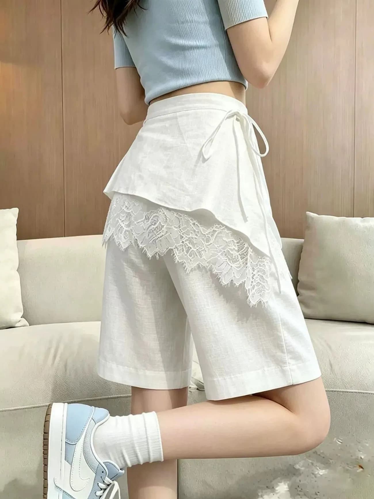 화이트 레이스 조각 랩스커트팬츠 오부 바지 여성 2026 여름 인기 새로운 하이웨이스트 슬림해 보이는 패션 품격 캐주얼 바지 상세 이미지 2