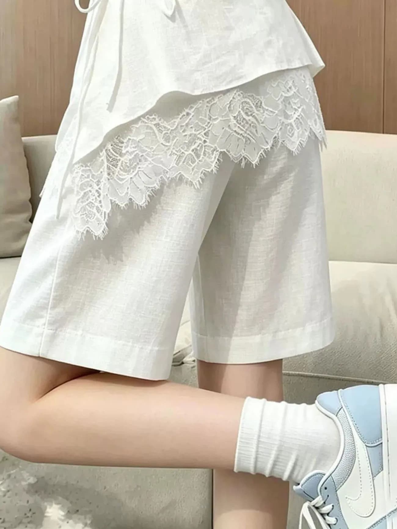 화이트 레이스 조각 랩스커트팬츠 오부 바지 여성 2026 여름 인기 새로운 하이웨이스트 슬림해 보이는 패션 품격 캐주얼 바지 상세 이미지 4