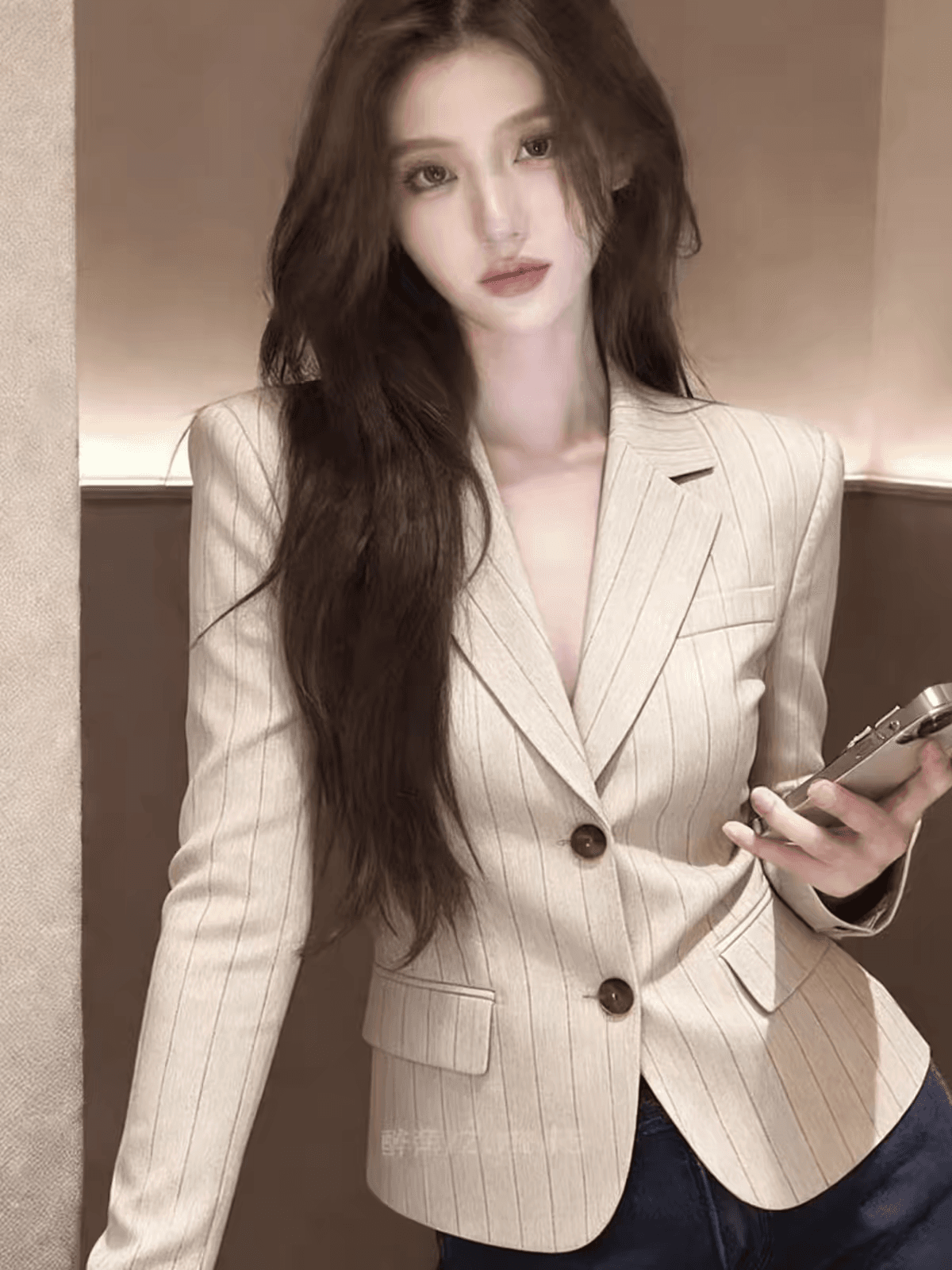 2026 오래된 돈 바람 스트라이프 정장 여성 코트 출퇴근 작은 키 폴로 칼라 이중 버튼 고급 센스 품격 재킷 이미지 2