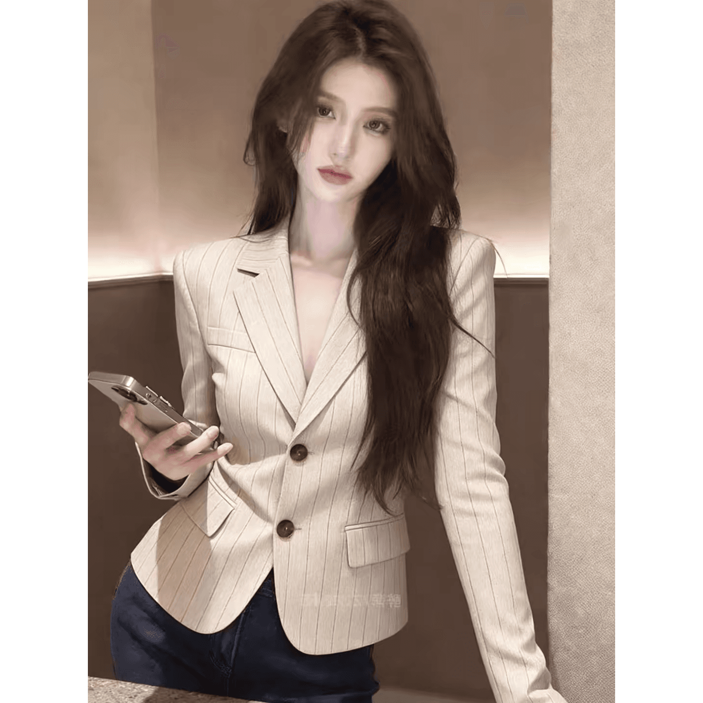 2026 오래된 돈 바람 스트라이프 정장 여성 코트 출퇴근 작은 키 폴로 칼라 이중 버튼 고급 센스 품격 재킷 이미지 5