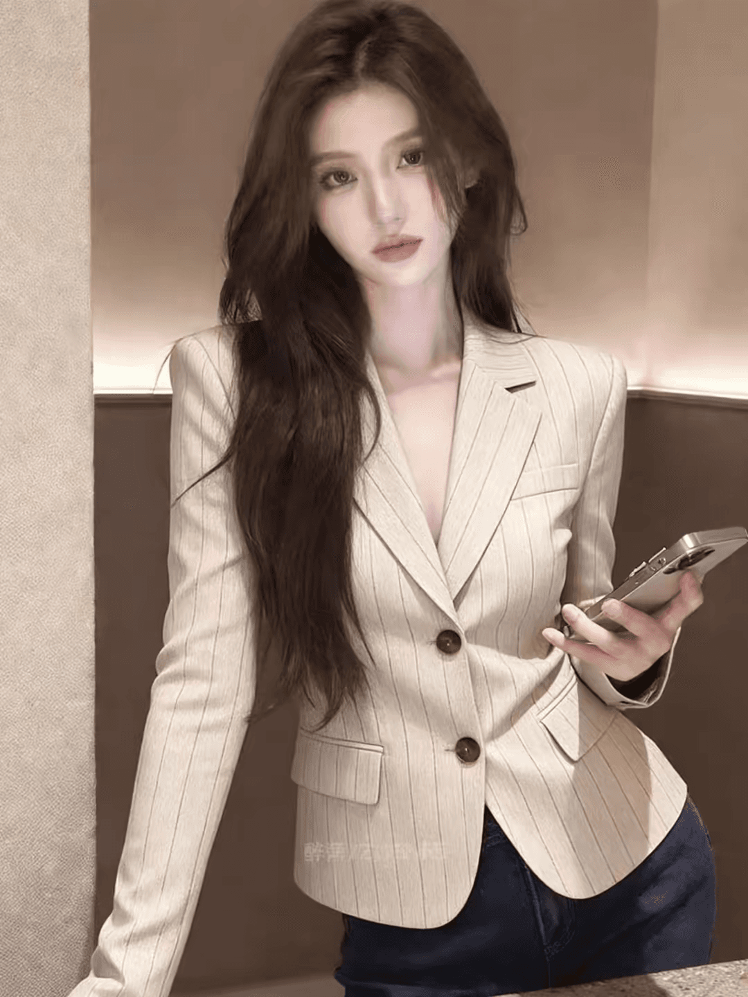 2026 오래된 돈 바람 스트라이프 정장 여성 코트 출퇴근 작은 키 폴로 칼라 이중 버튼 고급 센스 품격 재킷 상세 이미지 4