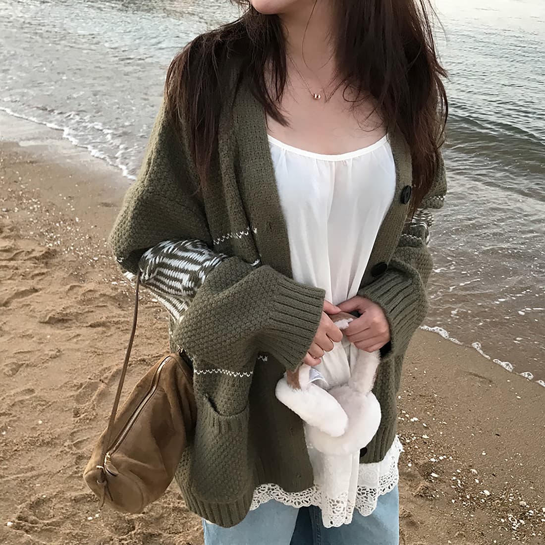 한국 chic 느긋한 루즈핏 레트로 자카드 스웨터 코트 보온 긴팔 니트 오픈 가디건 여성 이미지 3