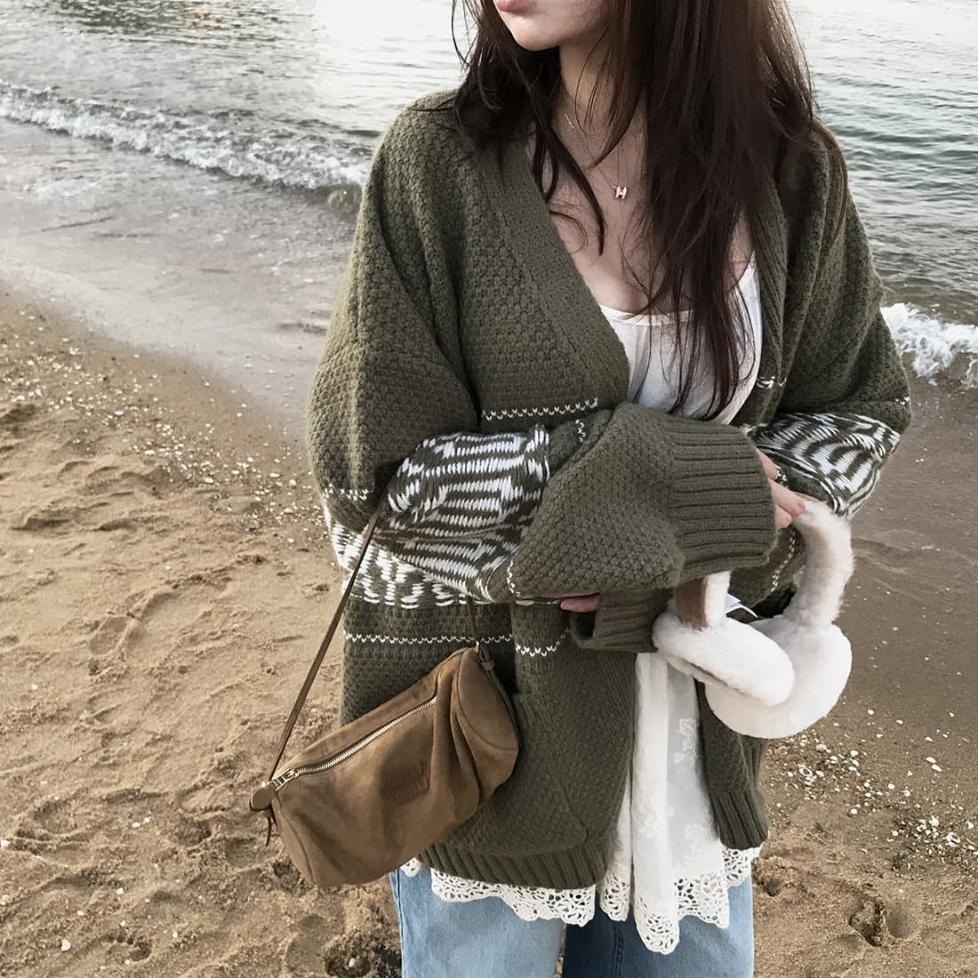 한국 chic 느긋한 루즈핏 레트로 자카드 스웨터 코트 보온 긴팔 니트 오픈 가디건 여성 상세 이미지 2