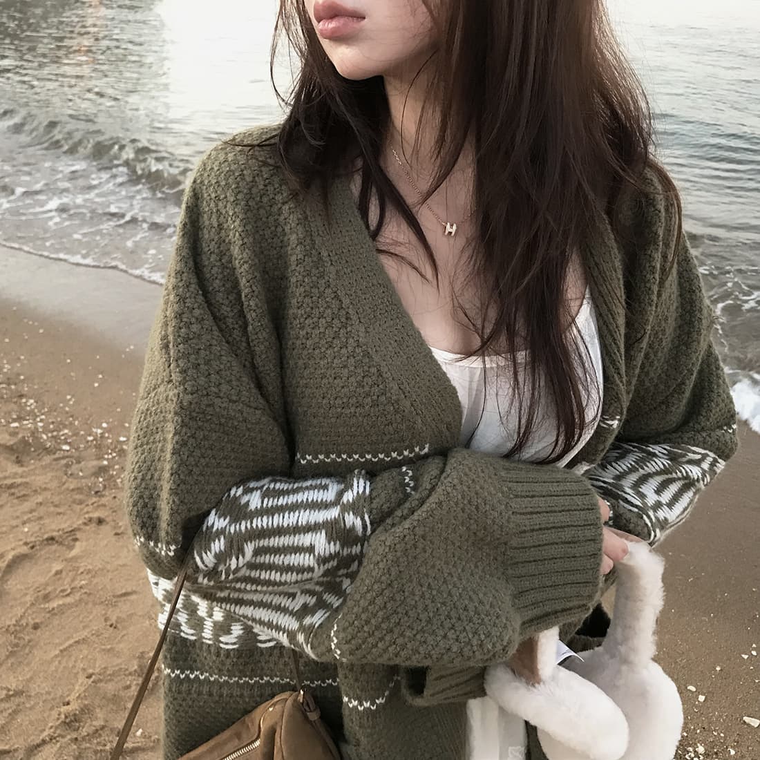 한국 chic 느긋한 루즈핏 레트로 자카드 스웨터 코트 보온 긴팔 니트 오픈 가디건 여성 상세 이미지 5