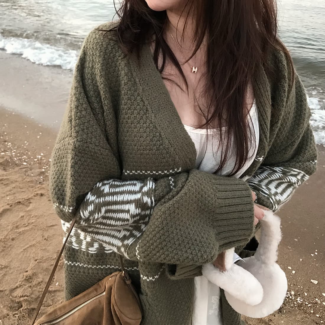 한국 chic 느긋한 루즈핏 레트로 자카드 스웨터 코트 보온 긴팔 니트 오픈 가디건 여성 상세 이미지 6