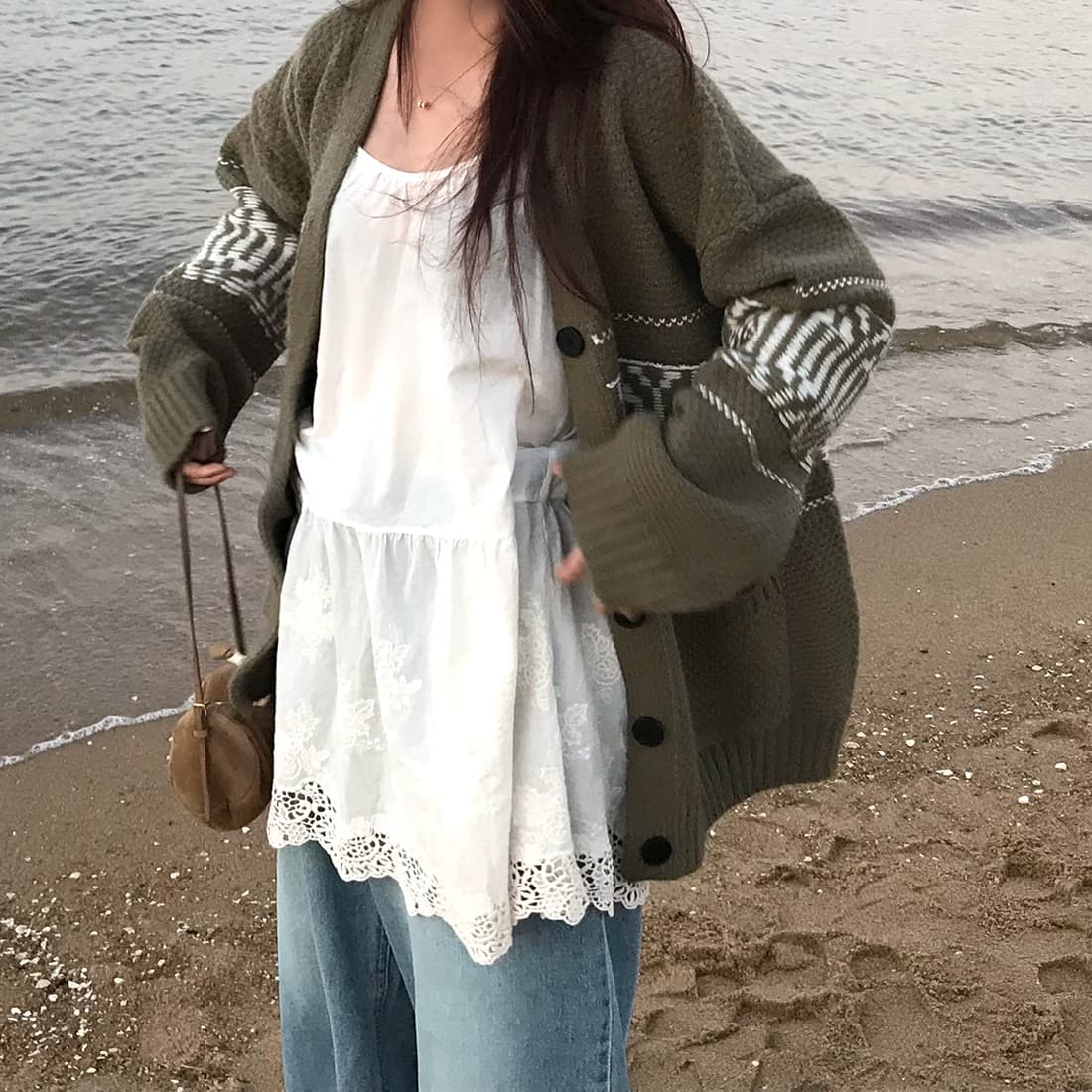 한국 chic 느긋한 루즈핏 레트로 자카드 스웨터 코트 보온 긴팔 니트 오픈 가디건 여성 상세 이미지 7