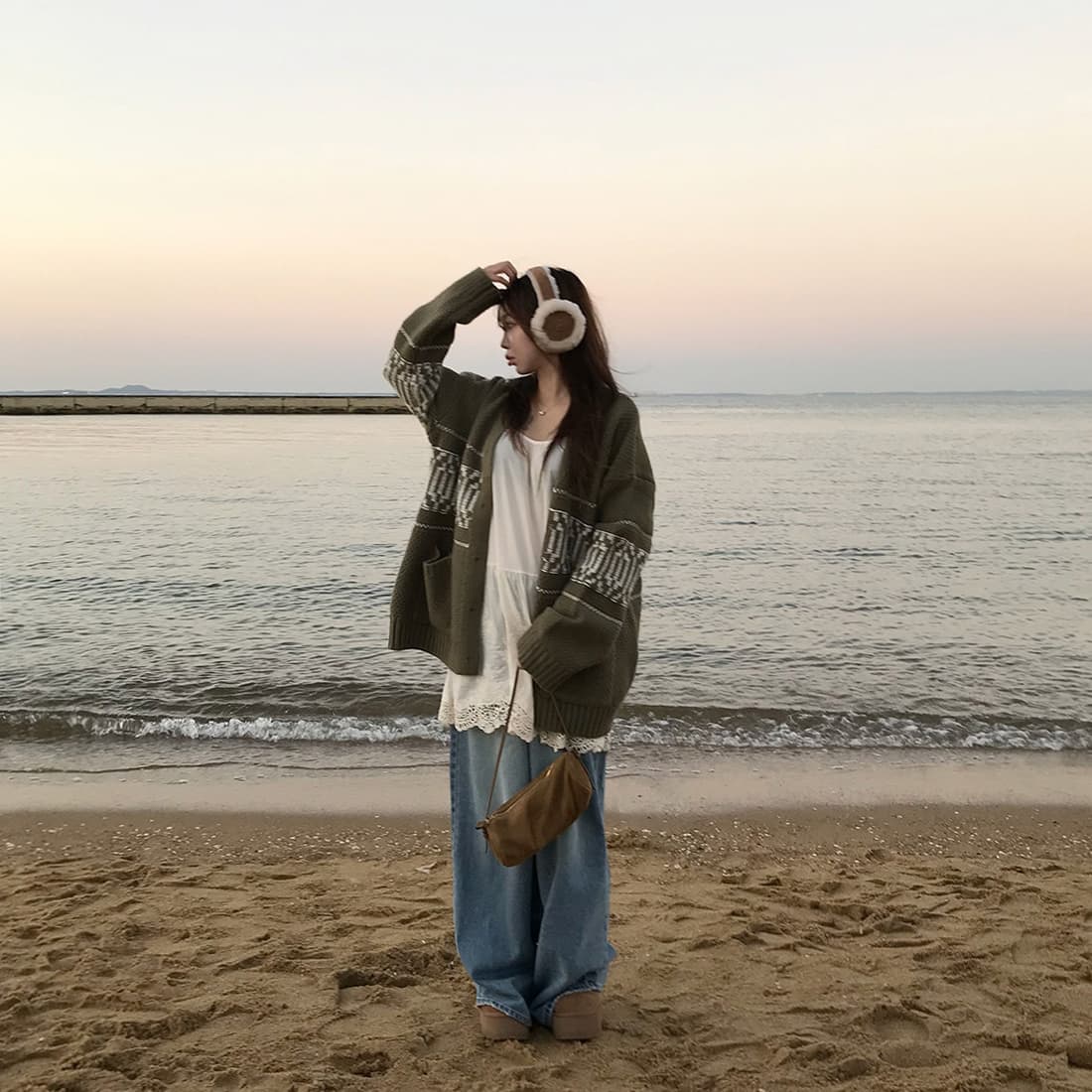 한국 chic 느긋한 루즈핏 레트로 자카드 스웨터 코트 보온 긴팔 니트 오픈 가디건 여성 상세 이미지 14