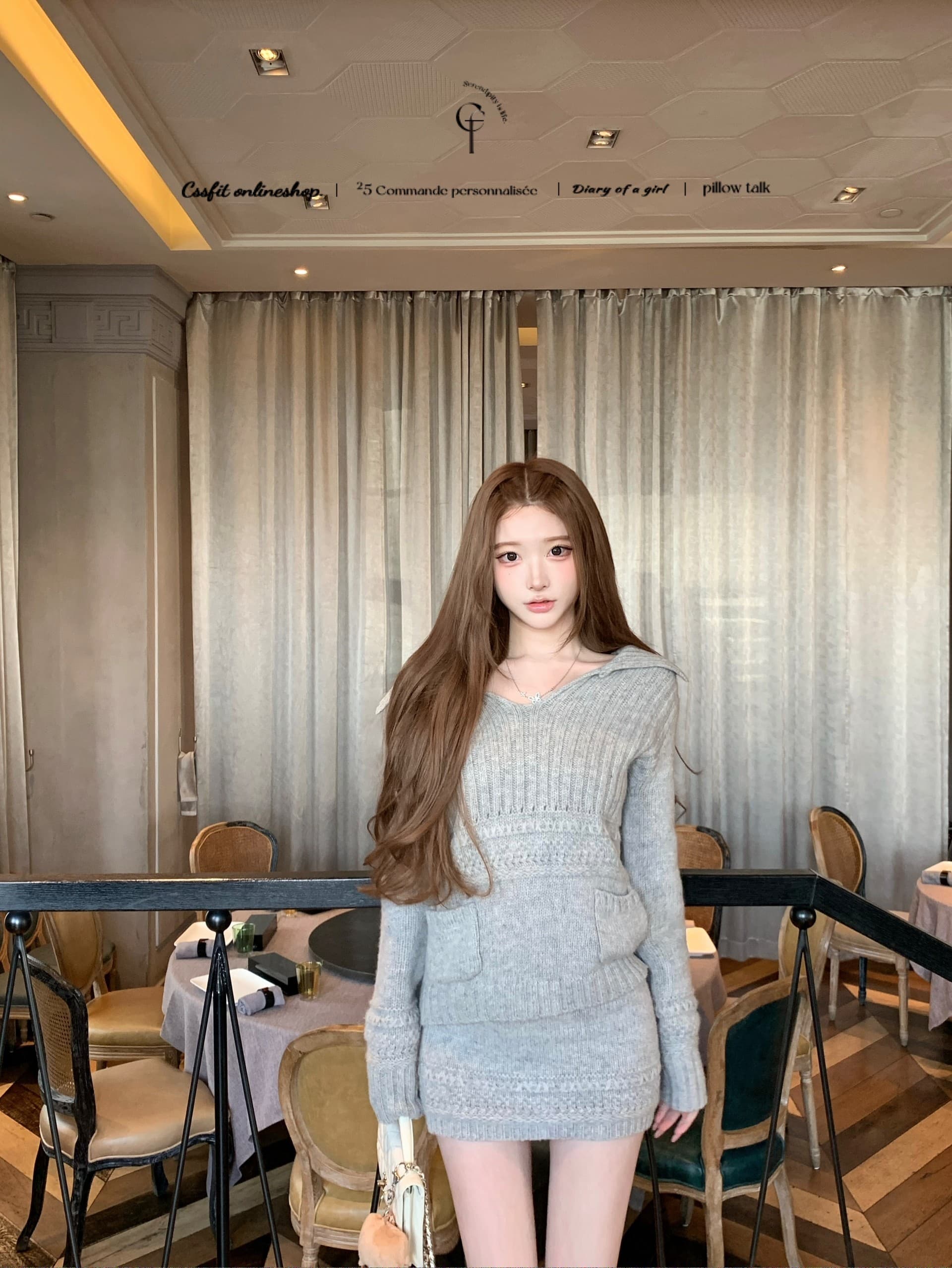 높음 지혜 감기 여성 빅 칼라 트위스트 꽃 주머니 100 양모 니트 맨위 반 스커트 세트 상세 이미지 22