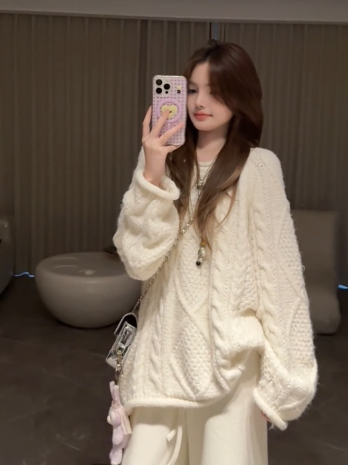 가을 겨울 느긋한 바람 꽈배기 스웨터 여자 우유 씽 하는 소리 부드러운 찹쌀 니트 스웨터 중간 길이 맨위 스트레이트 루즈핏 와이드 레그 팬츠