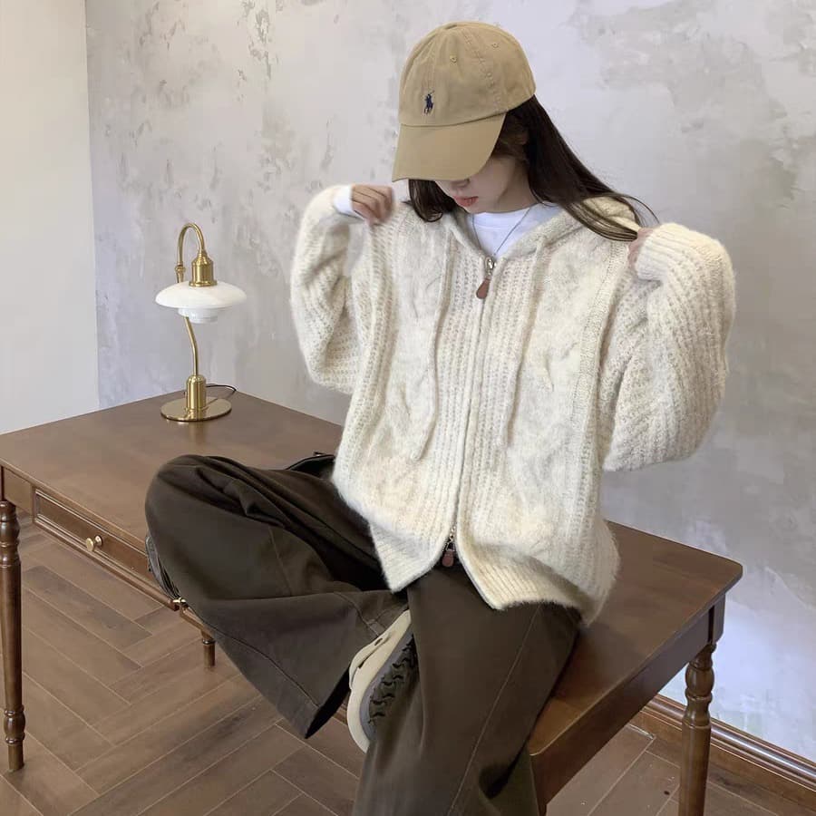 느긋한 바람 회색 펌프 로프 후드 지퍼 스웨터 여성 코트 가을 겨울 외부 가져 가라. 와이드 부드러운 찹쌀 니트 오픈 가디건