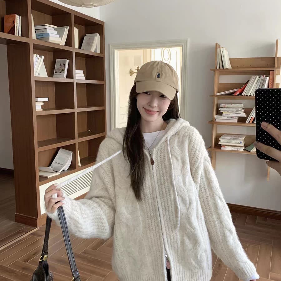 느긋한 바람 회색 펌프 로프 후드 지퍼 스웨터 여성 코트 가을 겨울 외부 가져 가라. 와이드 부드러운 찹쌀 니트 오픈 가디건 이미지 2