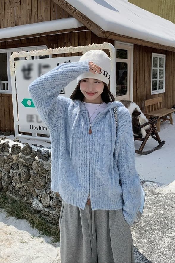 느긋한 바람 회색 펌프 로프 후드 지퍼 스웨터 여성 코트 가을 겨울 외부 가져 가라. 와이드 부드러운 찹쌀 니트 오픈 가디건 상세 이미지 3