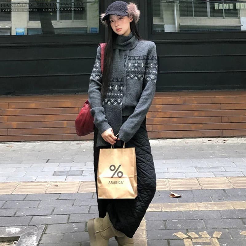 재고 있음 공정한 섬 회색 자카드 스웨터 니트 스웨터 여성 가을 겨울 새로운 스카프 섹션 출퇴근 오픈 가디건 맨위 이미지 3