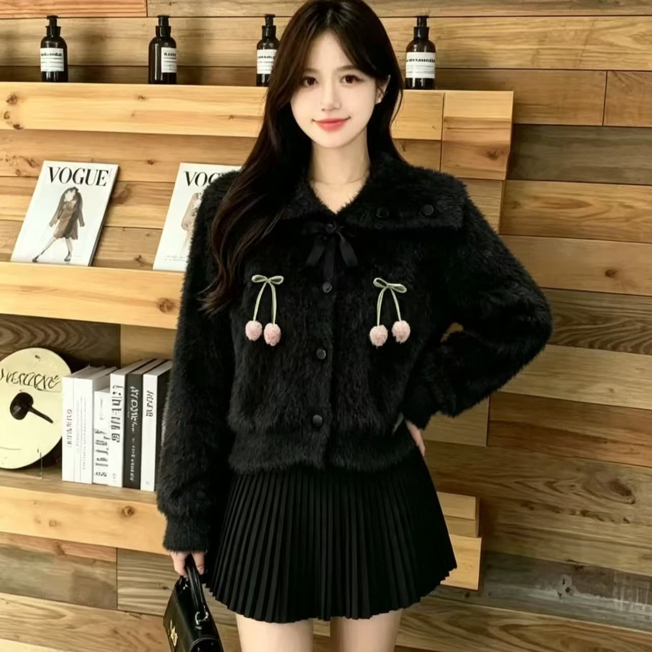 밍크 플리스 니트 오픈 가디건 여성 겨울 한국 스타일 루즈핏 느긋한 바람 폴로 칼라 쇼트 스타일 두꺼운 스웨터 이미지 3