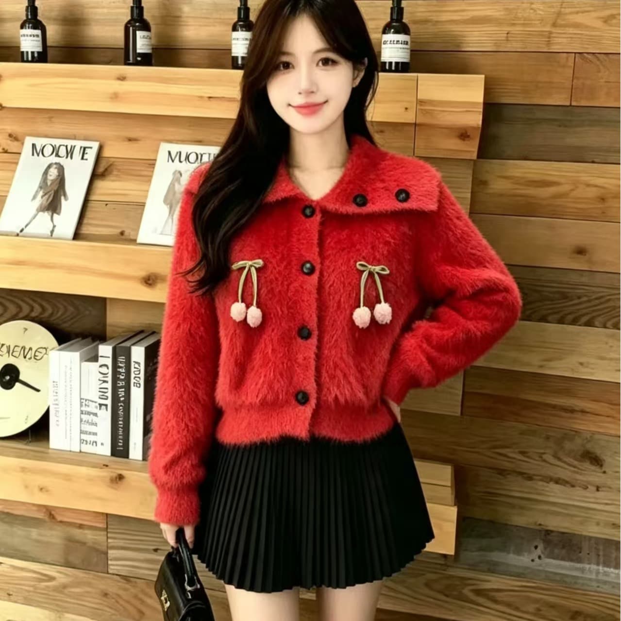 밍크 플리스 니트 오픈 가디건 여성 겨울 한국 스타일 루즈핏 느긋한 바람 폴로 칼라 쇼트 스타일 두꺼운 스웨터 이미지 5