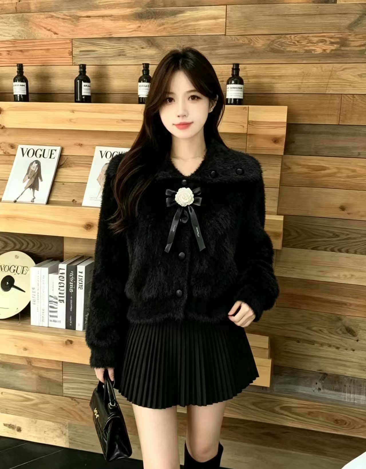 밍크 플리스 니트 오픈 가디건 여성 겨울 한국 스타일 루즈핏 느긋한 바람 폴로 칼라 쇼트 스타일 두꺼운 스웨터 상세 이미지 3