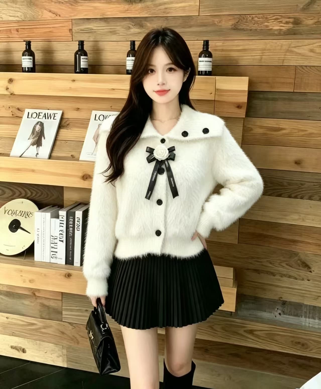 밍크 플리스 니트 오픈 가디건 여성 겨울 한국 스타일 루즈핏 느긋한 바람 폴로 칼라 쇼트 스타일 두꺼운 스웨터 상세 이미지 5