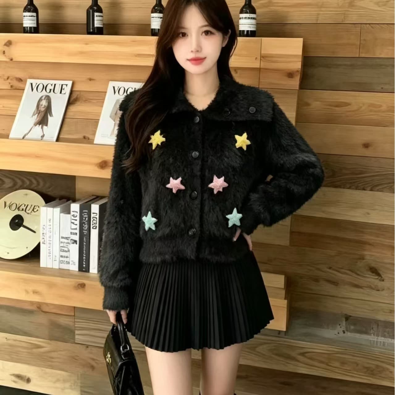 두꺼운 한 부서 빅 칼라 모방 수달 스웨터 여자 화이트 단추 부서 느긋한 분위기 센스 니트 스웨터 이미지 3