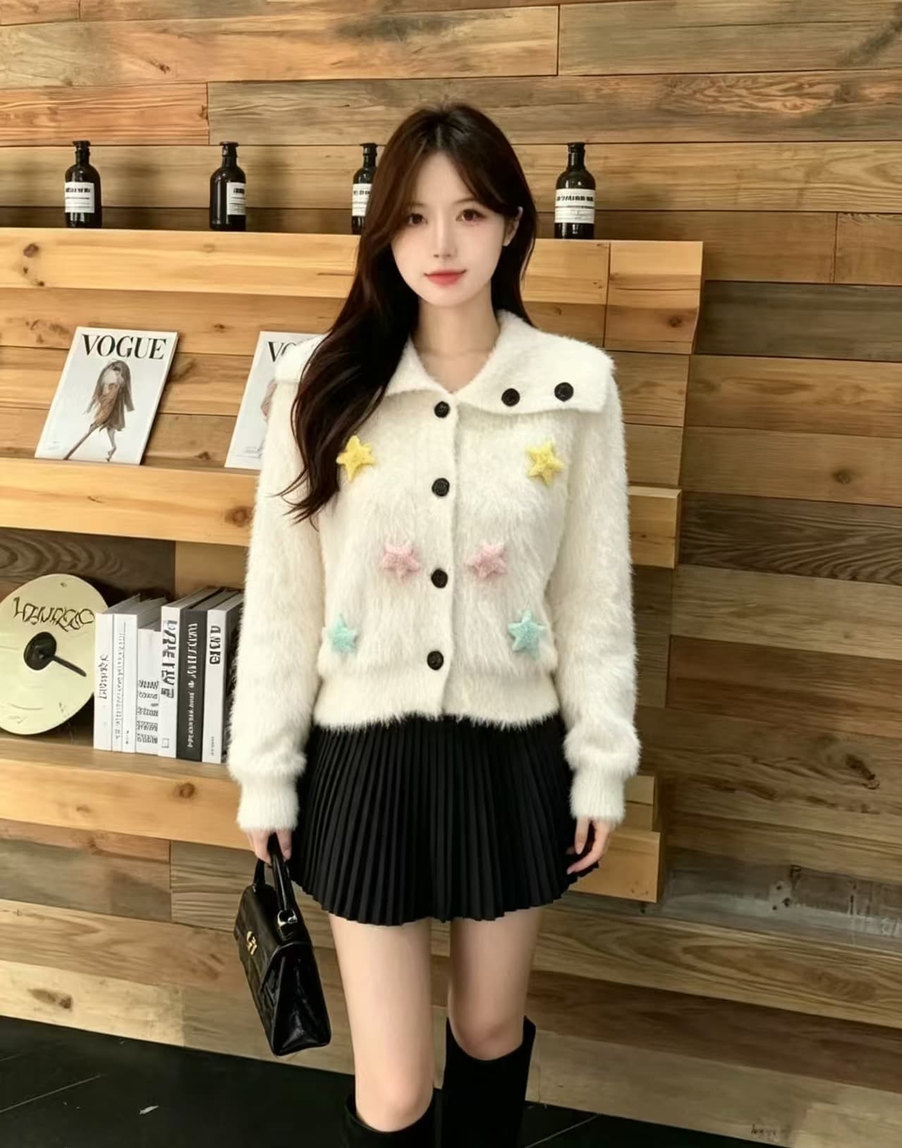 두꺼운 한 부서 빅 칼라 모방 수달 스웨터 여자 화이트 단추 부서 느긋한 분위기 센스 니트 스웨터 상세 이미지 3