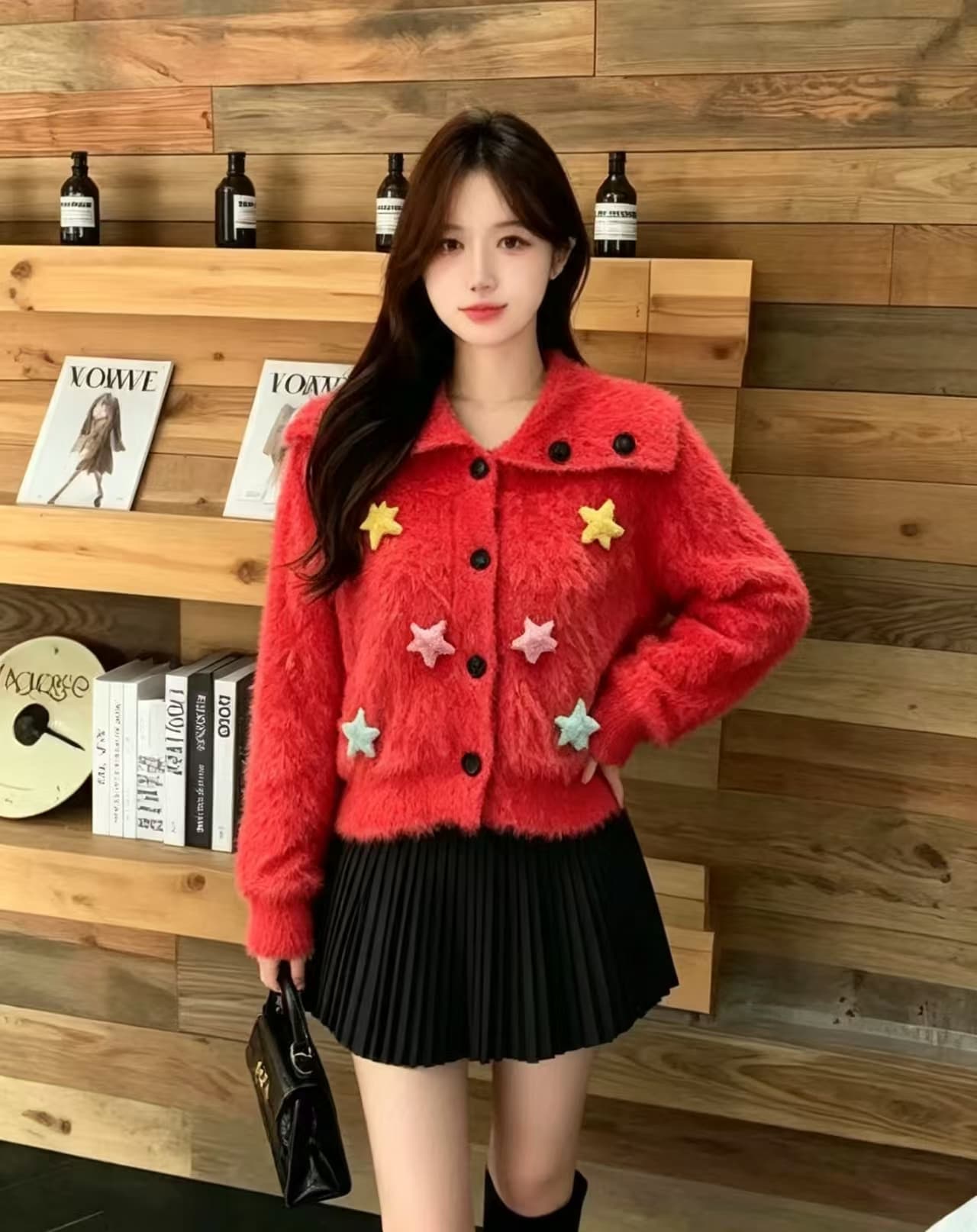 두꺼운 한 부서 빅 칼라 모방 수달 스웨터 여자 화이트 단추 부서 느긋한 분위기 센스 니트 스웨터 상세 이미지 4
