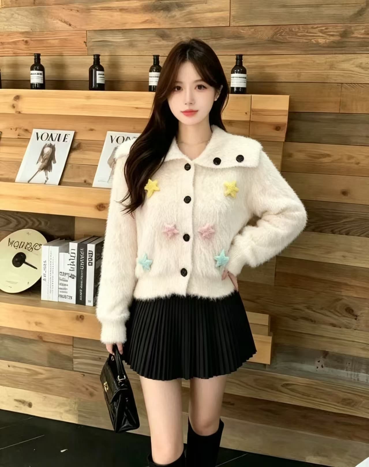 두꺼운 한 부서 빅 칼라 모방 수달 스웨터 여자 화이트 단추 부서 느긋한 분위기 센스 니트 스웨터 상세 이미지 5