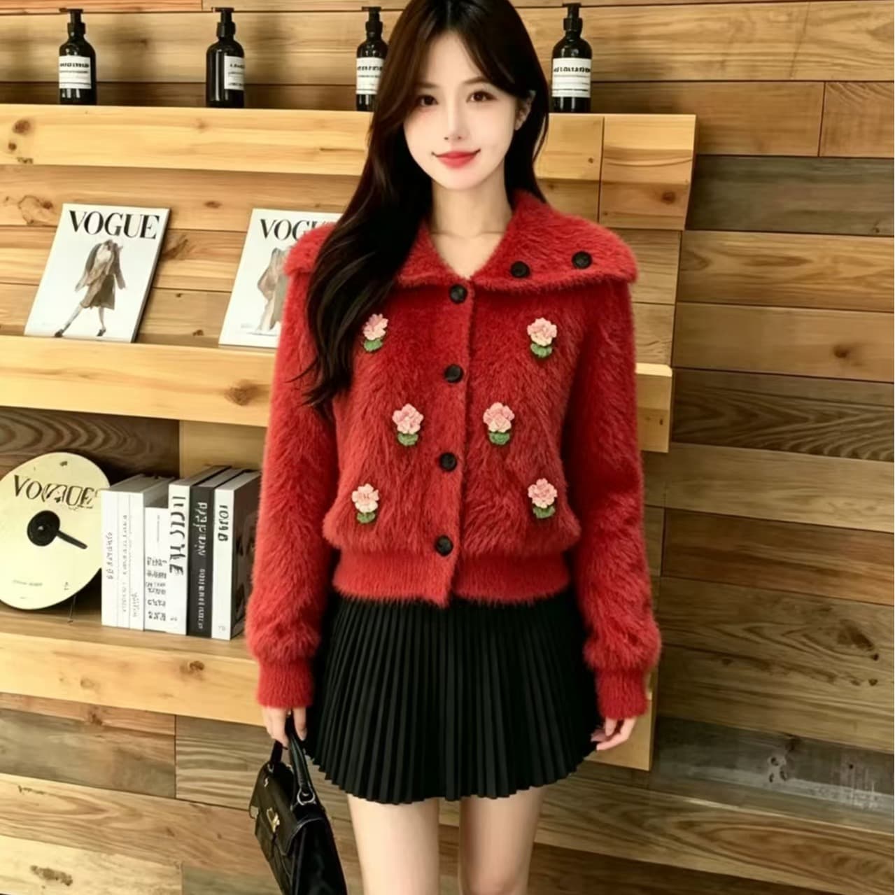 두꺼운 한 부서 빅 칼라 모방 수달 스웨터 여자 화이트 단추 부서 느긋한 분위기 센스 니트 스웨터 이미지 2