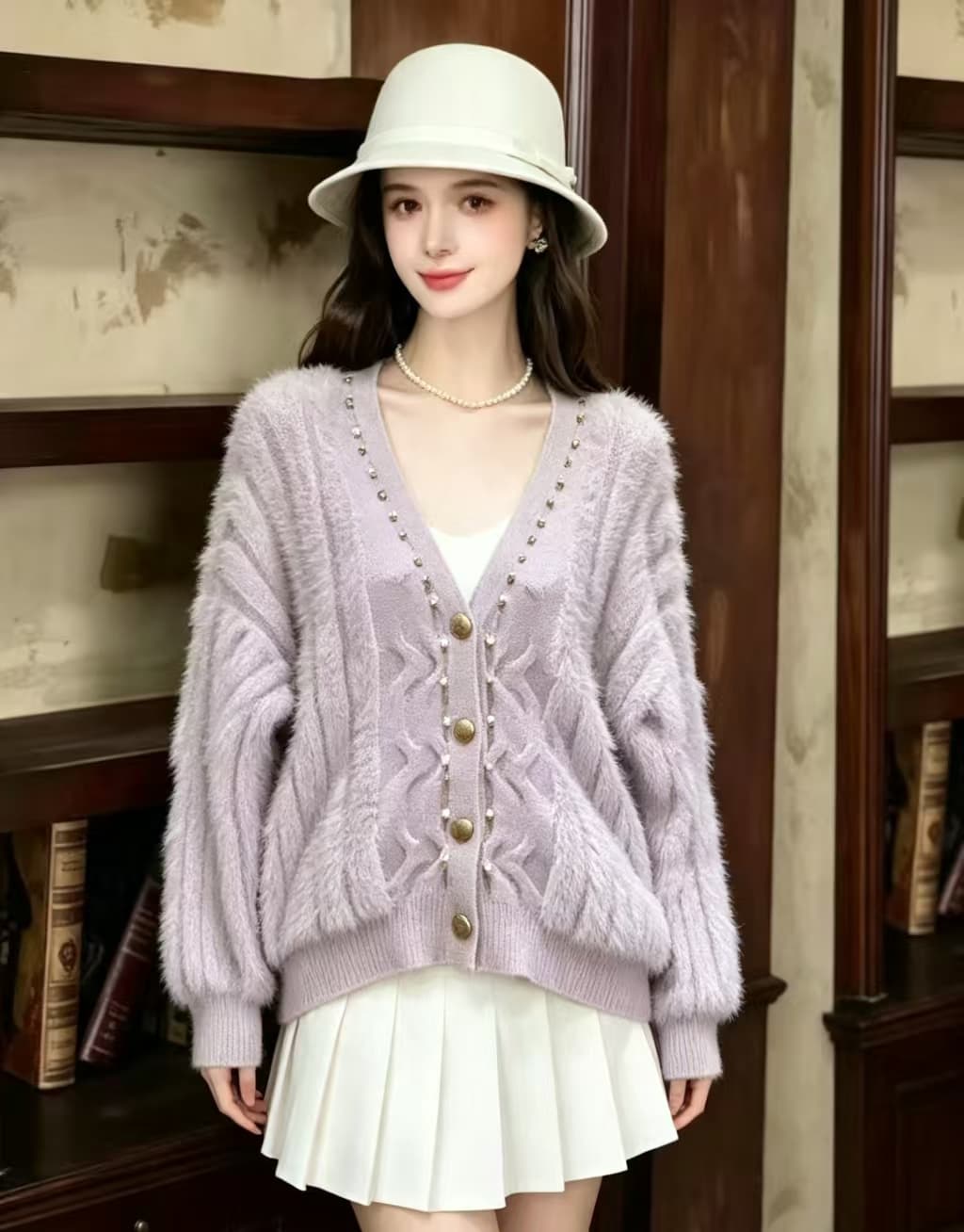한 부서 방수 끄기 V넥 스웨터 여성 코트 루즈핏 봄 가을 겨울 니트 오픈 가디건 모조 모피 품격 고급 맨위 상세 이미지 4