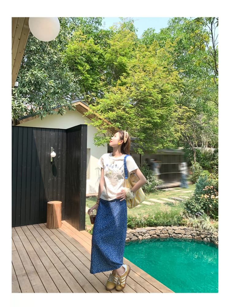 여름 새로운 임산부 세트 순면 프린트 반팔 맨위 없음 복부 지지 꽃무늬 연령 감소 이후 트임 반신 스커트 상세 이미지 11