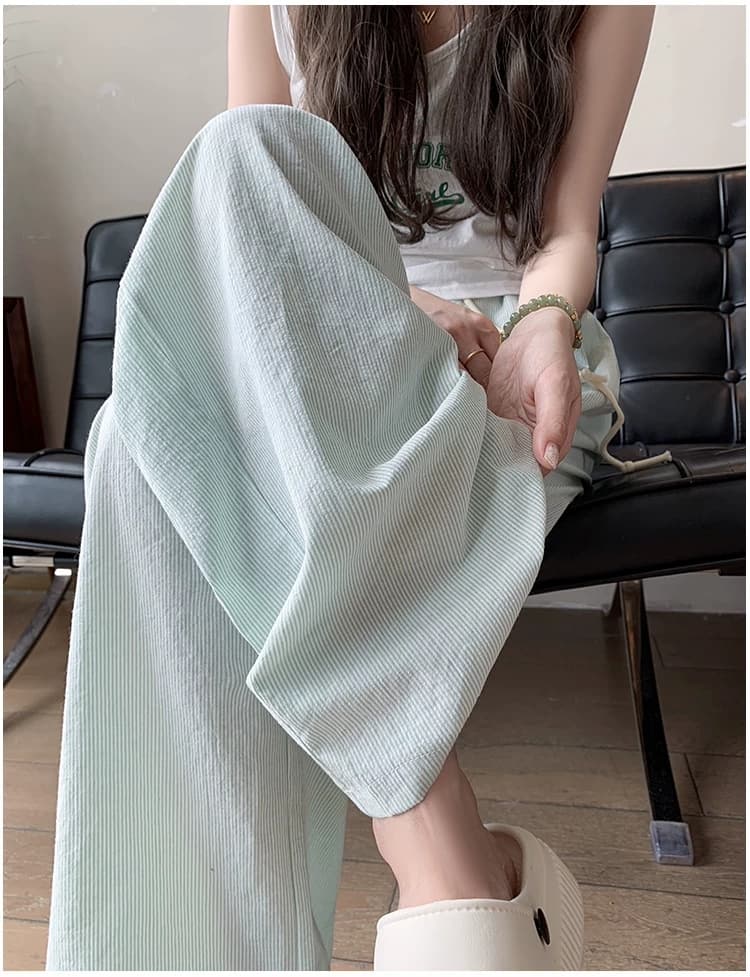 녹색 버드나무 가지 스트라이프 임산부 바지 여름 얇은 스타일 2026 새로운 캐주얼 하이웨이스트 도루 센스 넓은 다리 길이 바지 상세 이미지 8