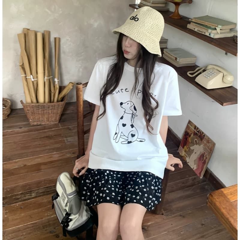 임산부 여름 새로운 순면 프린트 반팔 티셔츠 캐주얼 루즈핏 펌프 로프 꽃무늬 미니 스커트 투피스 세트