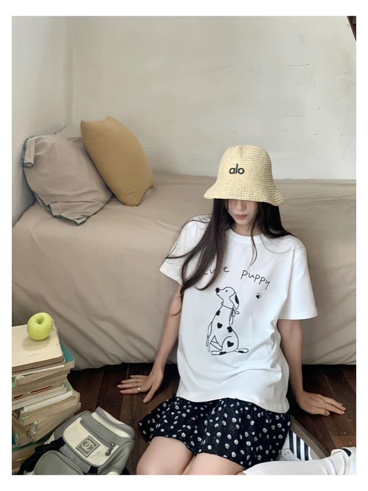 임산부 여름 새로운 순면 프린트 반팔 티셔츠 캐주얼 루즈핏 펌프 로프 꽃무늬 미니 스커트 투피스 세트 상세 이미지 2