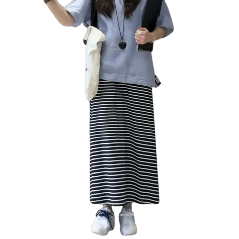 임산부 여름 섹션 새로운 없음 복부 지지 몸매 가꾸기 품격 반신 스커트 캐주얼 슬림해 보이는 롱 코트 스트라이프 니트 원피스 이미지 5