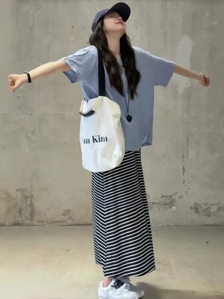 임산부 여름 섹션 새로운 없음 복부 지지 몸매 가꾸기 품격 반신 스커트 캐주얼 슬림해 보이는 롱 코트 스트라이프 니트 원피스 상세 이미지 1