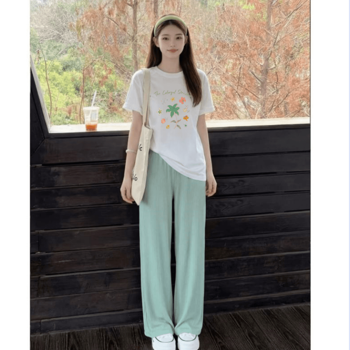 출산 착용 여름 새로운 캐주얼 세트 패션 프린트 순면 반팔 맨위 얼음 실크 바닥 청소 바지 이미지 2