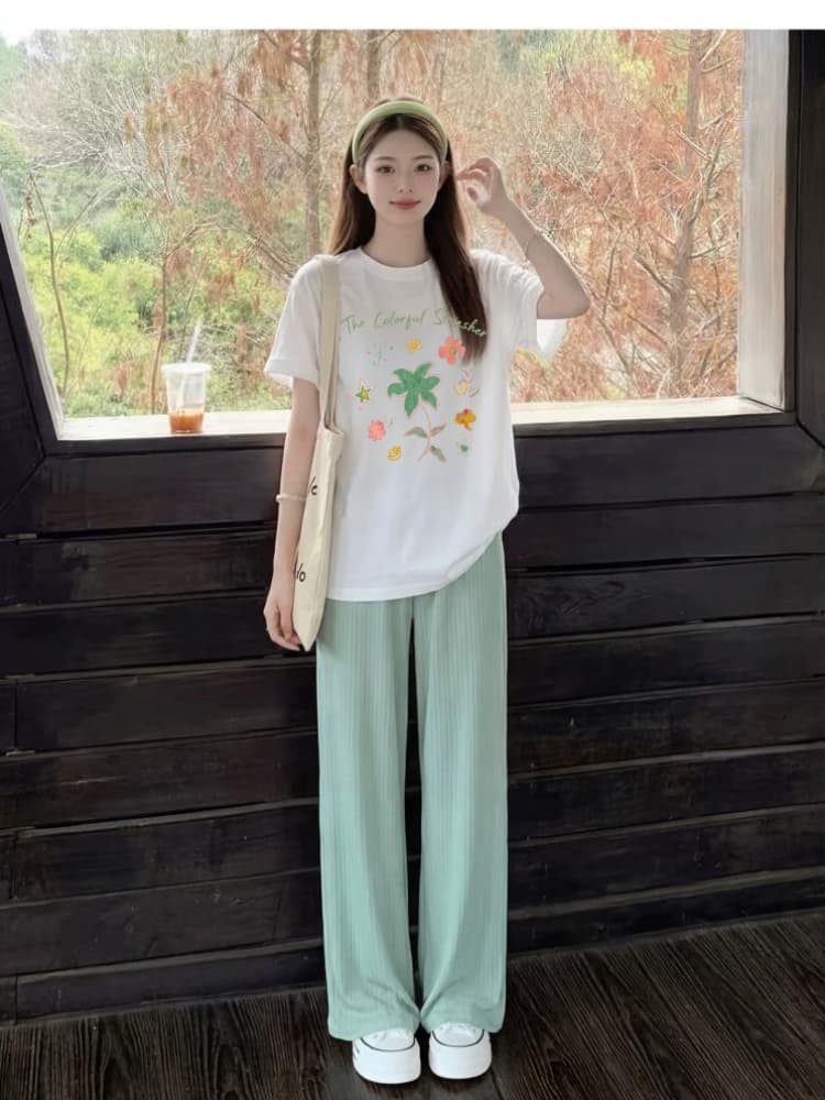 출산 착용 여름 새로운 캐주얼 세트 패션 프린트 순면 반팔 맨위 얼음 실크 바닥 청소 바지 상세 이미지 12