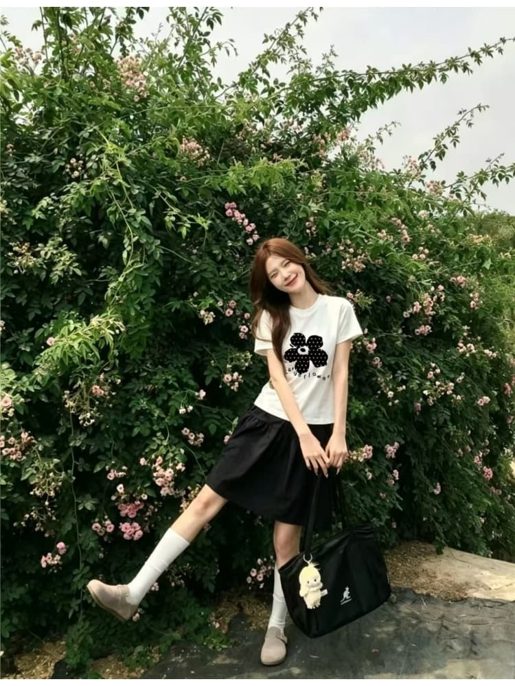 임산부 여름 새로운 순면 프린트 반팔 티셔츠 일본식 반신 스커트 캐주얼 작은 키 없음 복부 지지 반 스커트 상세 이미지 13