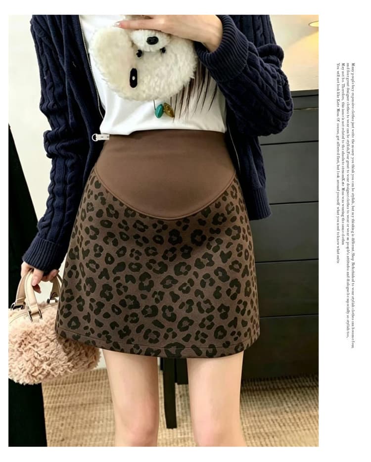 지금 출산 착용 가을 겨울 새로운 프린트 레오파드 무늬 복부 지지 미니 스커트 캐주얼 다용도 모직 높은 품질 반신 스커트 상세 이미지 11