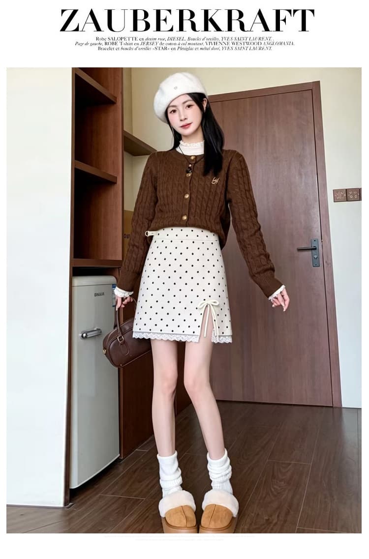 출산 착용 가을 겨울 새로운 없음 복부 지지 트임 니트 도트 무늬 레이스 측면 반신 스커트 캐주얼 슬림해 보이는 중간 길이 스커트 상세 이미지 16