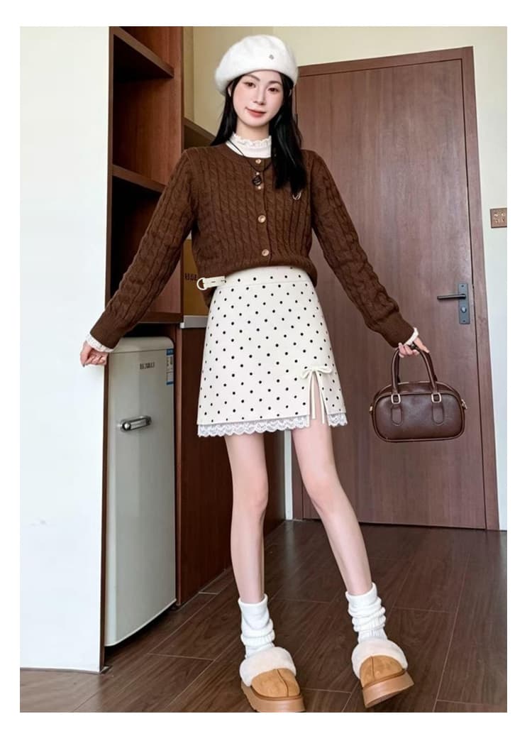 출산 착용 가을 겨울 새로운 없음 복부 지지 트임 니트 도트 무늬 레이스 측면 반신 스커트 캐주얼 슬림해 보이는 중간 길이 스커트 상세 이미지 18