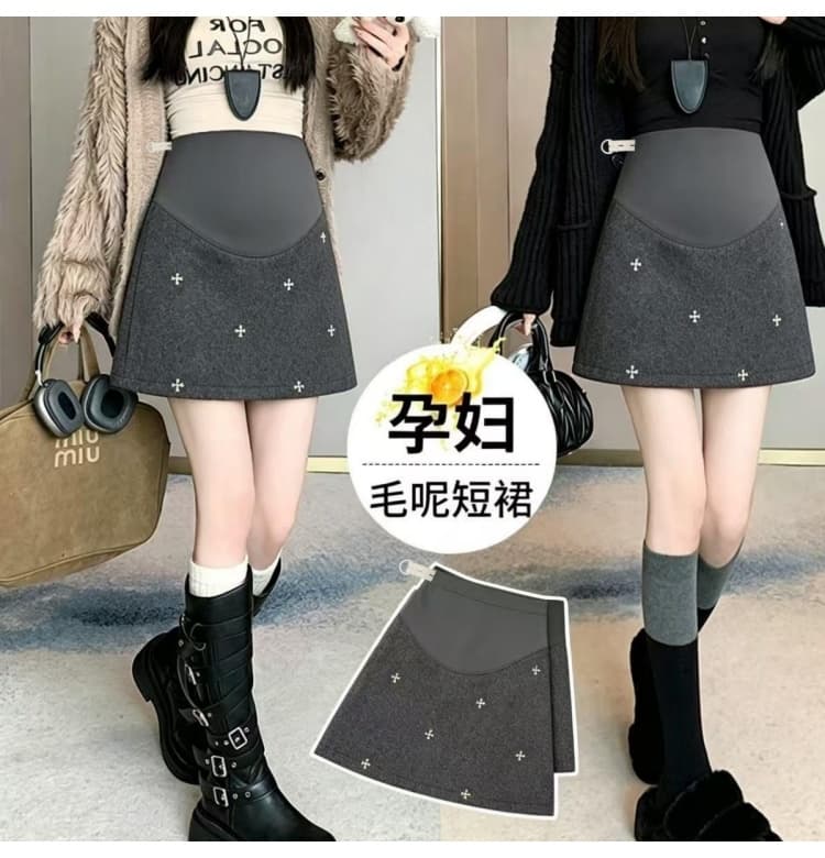 2026 출산 착용 가을 겨울 새로운 하이웨이스트 복부 지지 미니 스커트 모직 무거운 작업 자수 높은 품질 반신 스커트 상세 이미지 11