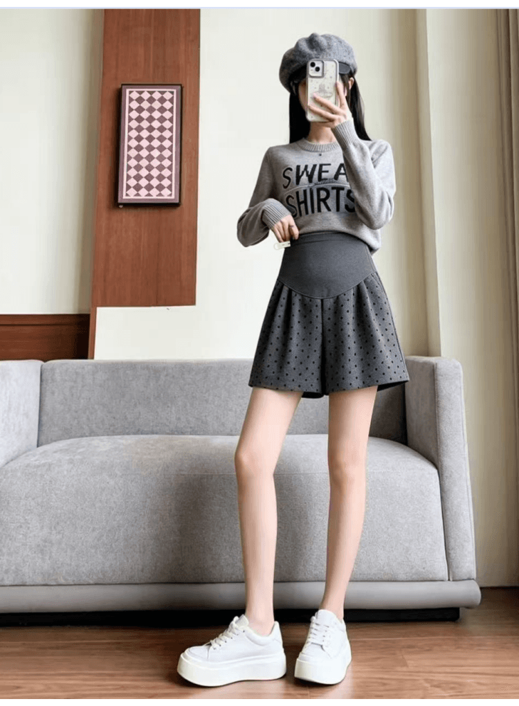 출산 착용 가을 겨울 새로운 모직 도트 반바지 캐주얼 다용도 임산부 부츠 팬츠 넓은 다리가 짧다. 바지 상세 이미지 7