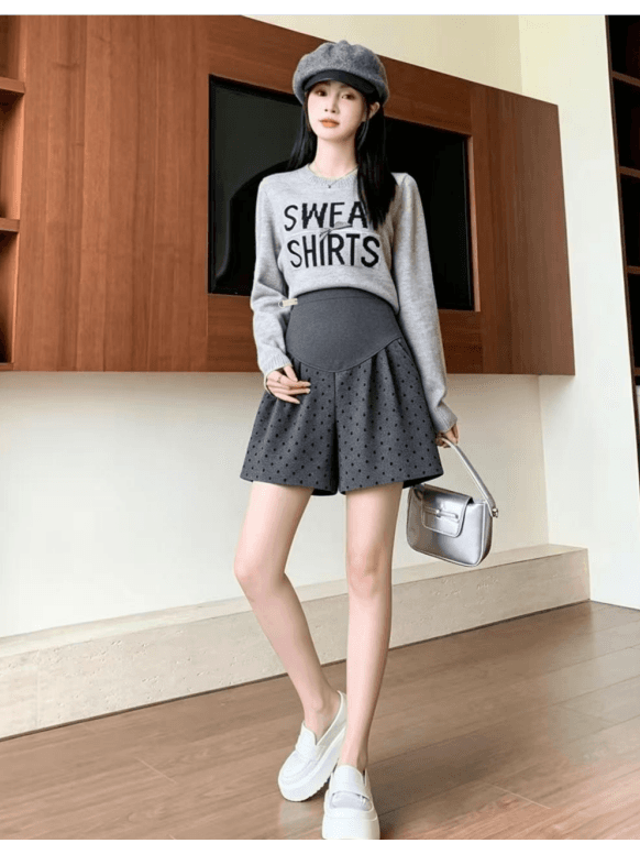 출산 착용 가을 겨울 새로운 모직 도트 반바지 캐주얼 다용도 임산부 부츠 팬츠 넓은 다리가 짧다. 바지 상세 이미지 9