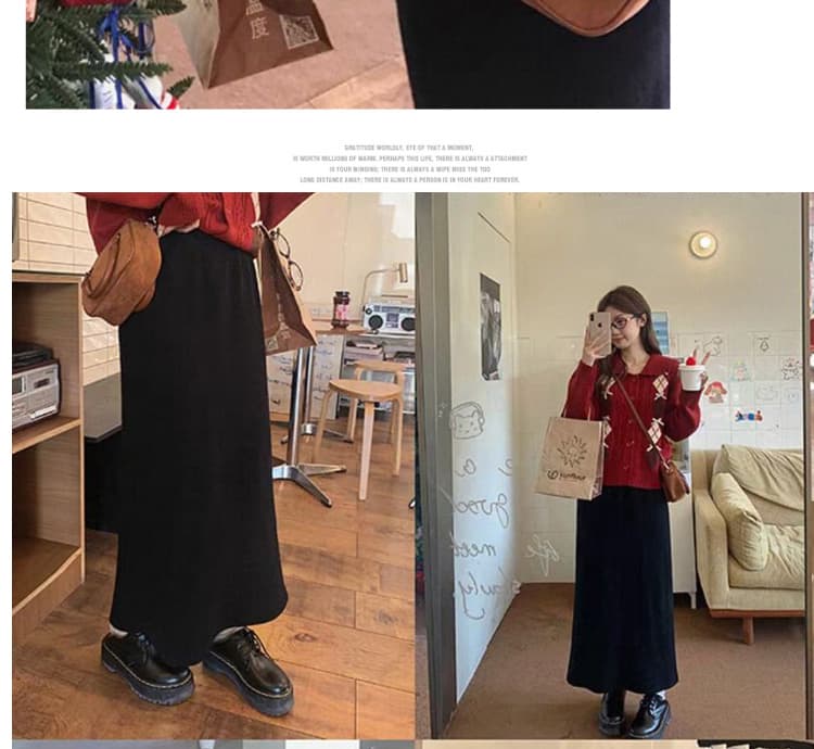 출산 착용 가을 겨울 새로운 임산부 미니멀리즘 단색 이후 트임 반신 스커트 캐주얼 니트 타이트 스커트 중간 길이 스커트 상세 이미지 27