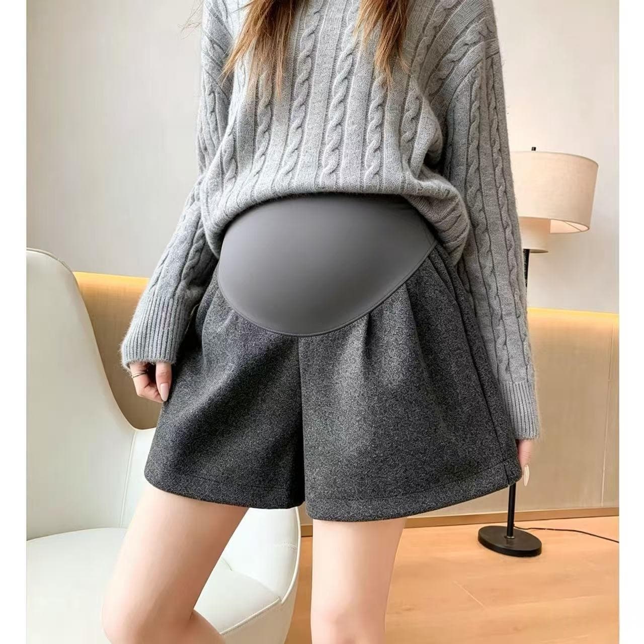 출산 착용 가을 겨울 새로운 모직 단색 두꺼운 루즈핏 반바지 캐주얼 다용도 임산부 부츠 팬츠 넓은 다리가 짧다. 바지 이미지 3