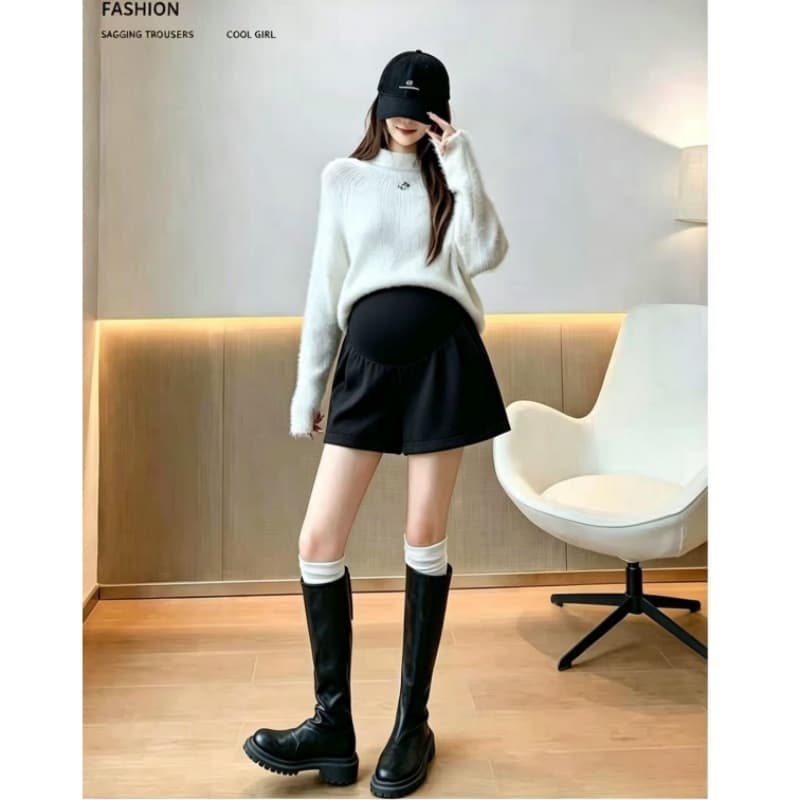 출산 착용 가을 겨울 새로운 모직 단색 두꺼운 루즈핏 반바지 캐주얼 다용도 임산부 부츠 팬츠 넓은 다리가 짧다. 바지 이미지 4