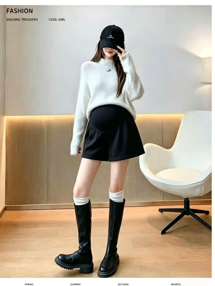 출산 착용 가을 겨울 새로운 모직 단색 두꺼운 루즈핏 반바지 캐주얼 다용도 임산부 부츠 팬츠 넓은 다리가 짧다. 바지 상세 이미지 2