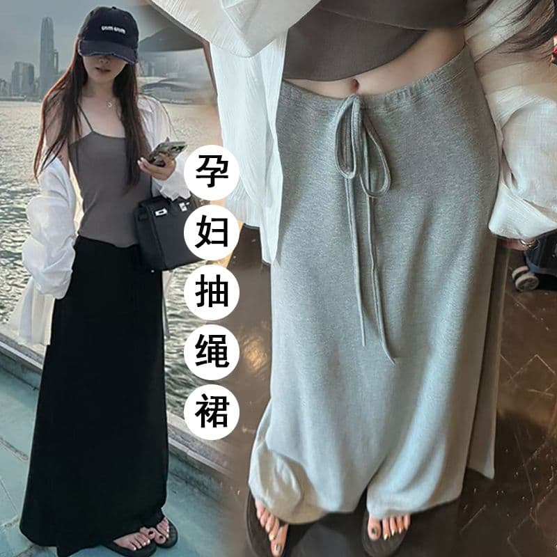 지금 임산부 느긋한 바람 회색 펌프 로프 도루 가을 센스 반신 스커트 봄 가을 한 부서 하이웨이스트 슬림해 보이는 한 마디 롱 스커트 이미지 3