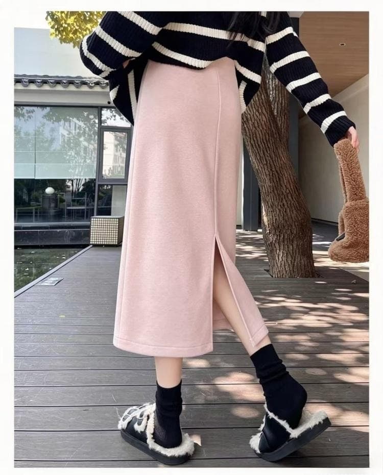 봄 가을 새로운 임산부 복부 지지 치마 수 있습니다. 조정 반신 스커트 캐주얼 슬림해 보이는 작은 키 이후 트임 중간 길이 스커트 상세 이미지 17